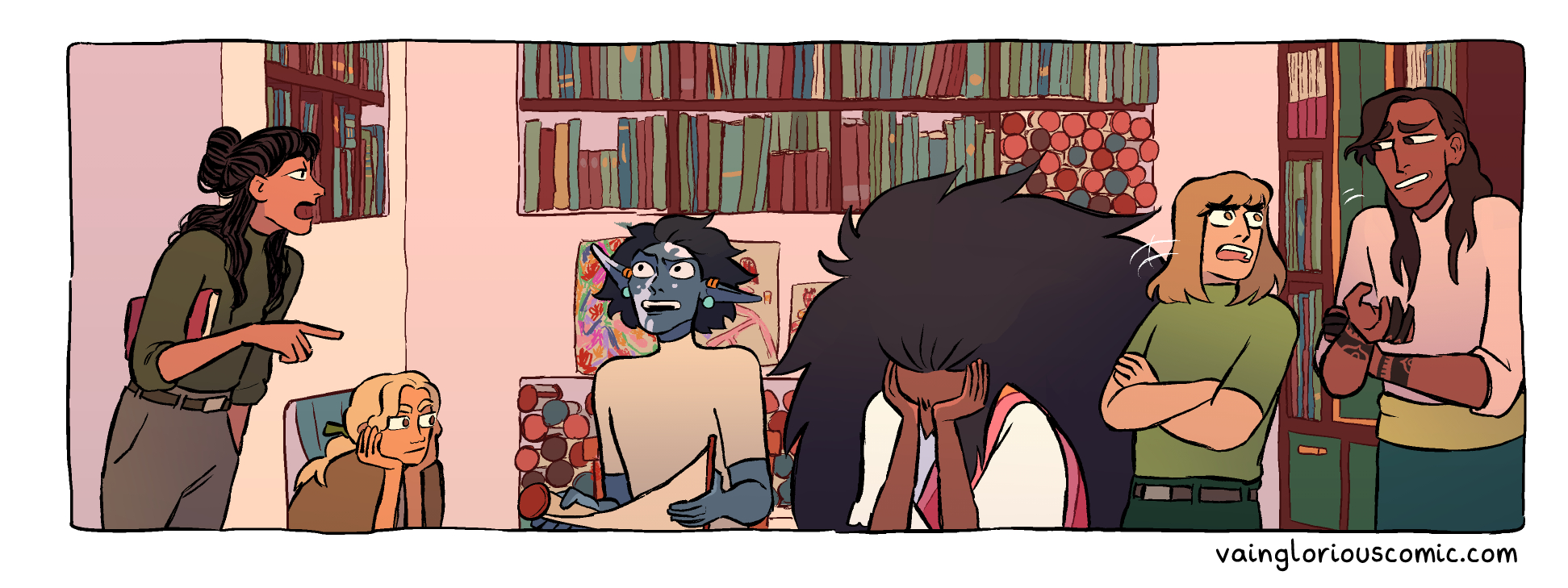Crop of panel 4 without text. Mercury is informing the group about Carla while Slate observes and Von listens. Rei has his head in his hands, Hammer turns to Ash while asking about the number of inhabitants in the house and Ash shrugs.